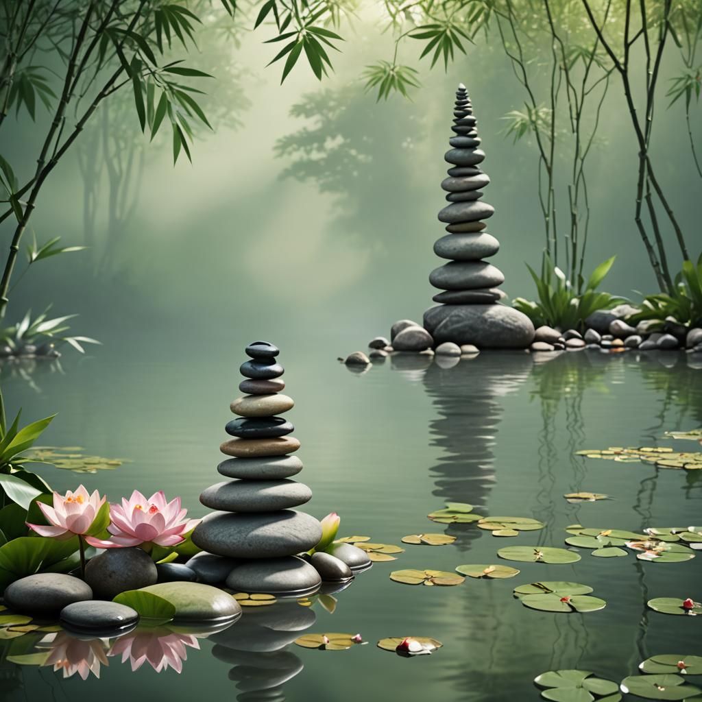 Zen Stone Tower in Still Water: 3D Render