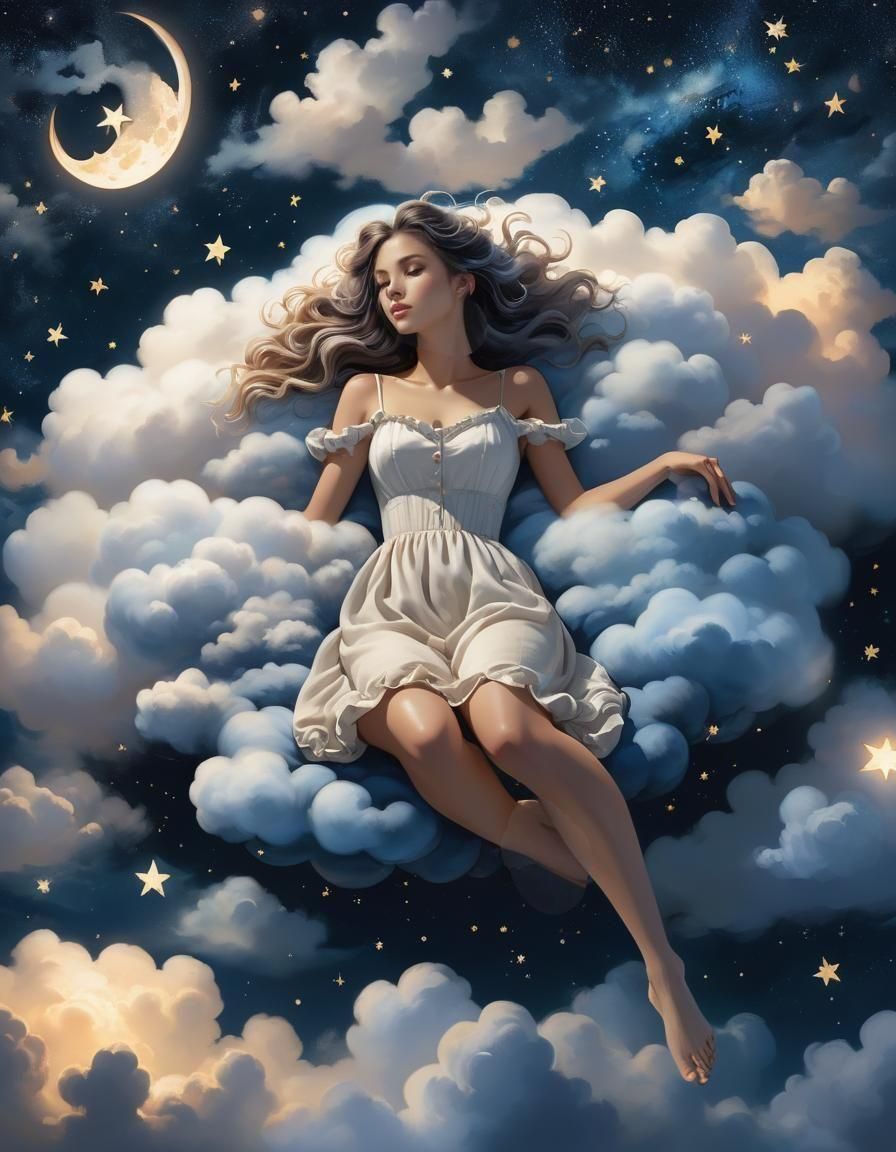 Floating cloud bed amidst a starry night sky.