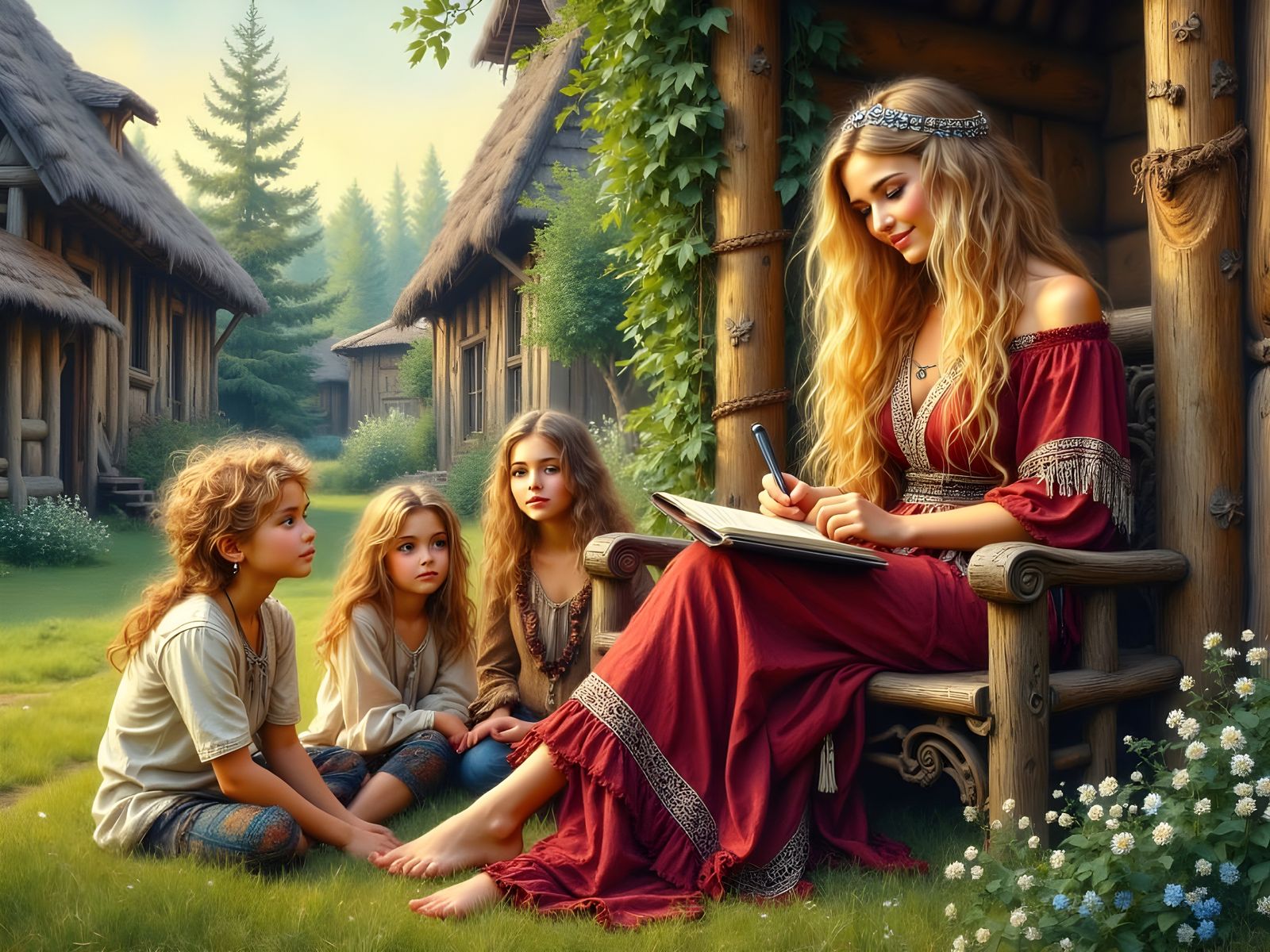 Norse Goddess of Storytelling Teaches Children in Olde Norse...