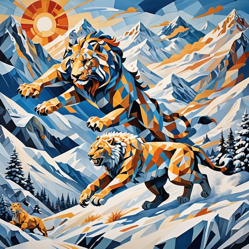 Cubist Snow Lion Chase with Golden Eagle