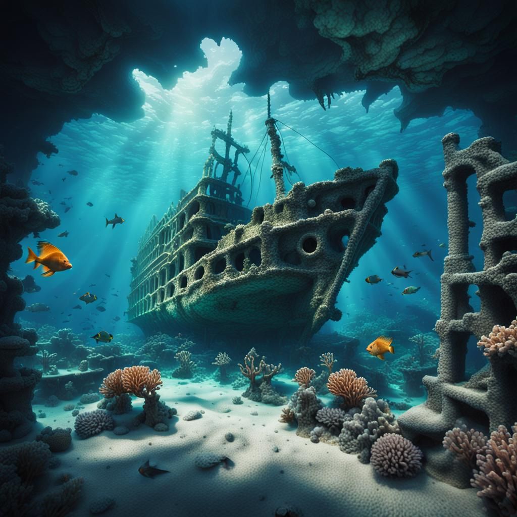 Shipwreck and Atlantis with Mermaid in Cinematic Style