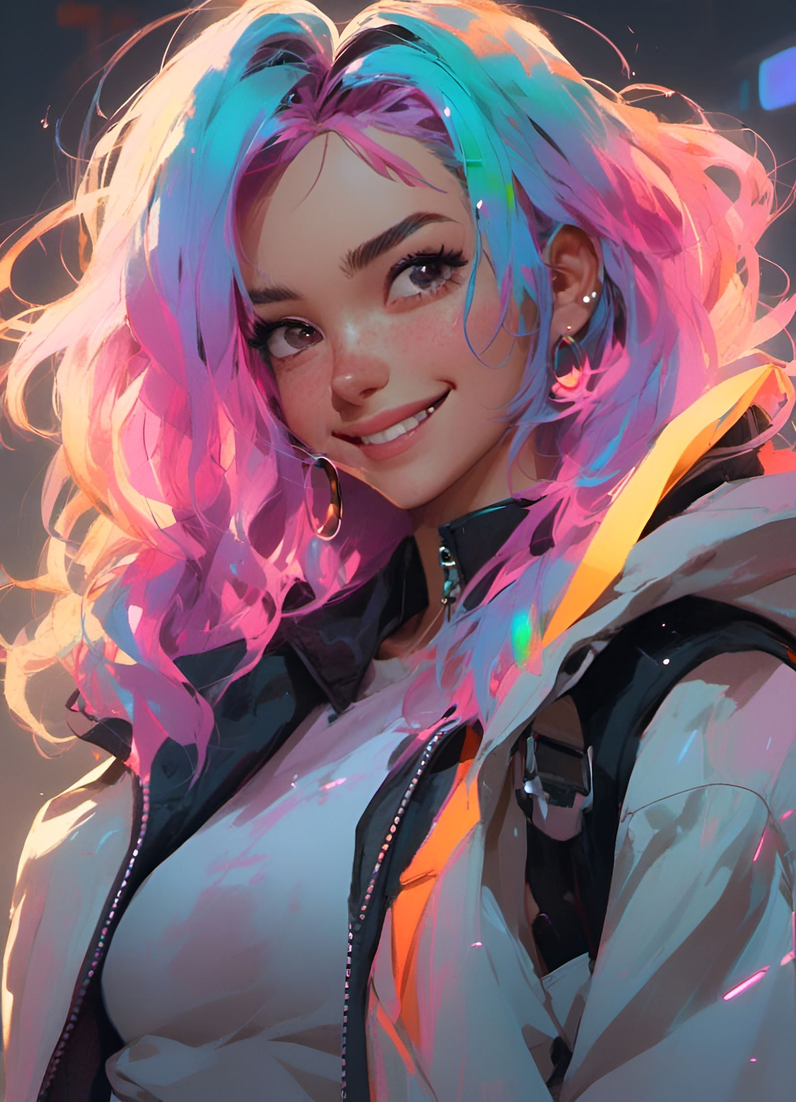 Cyberpunk Woman with Rainbow Hair in Anime Style
