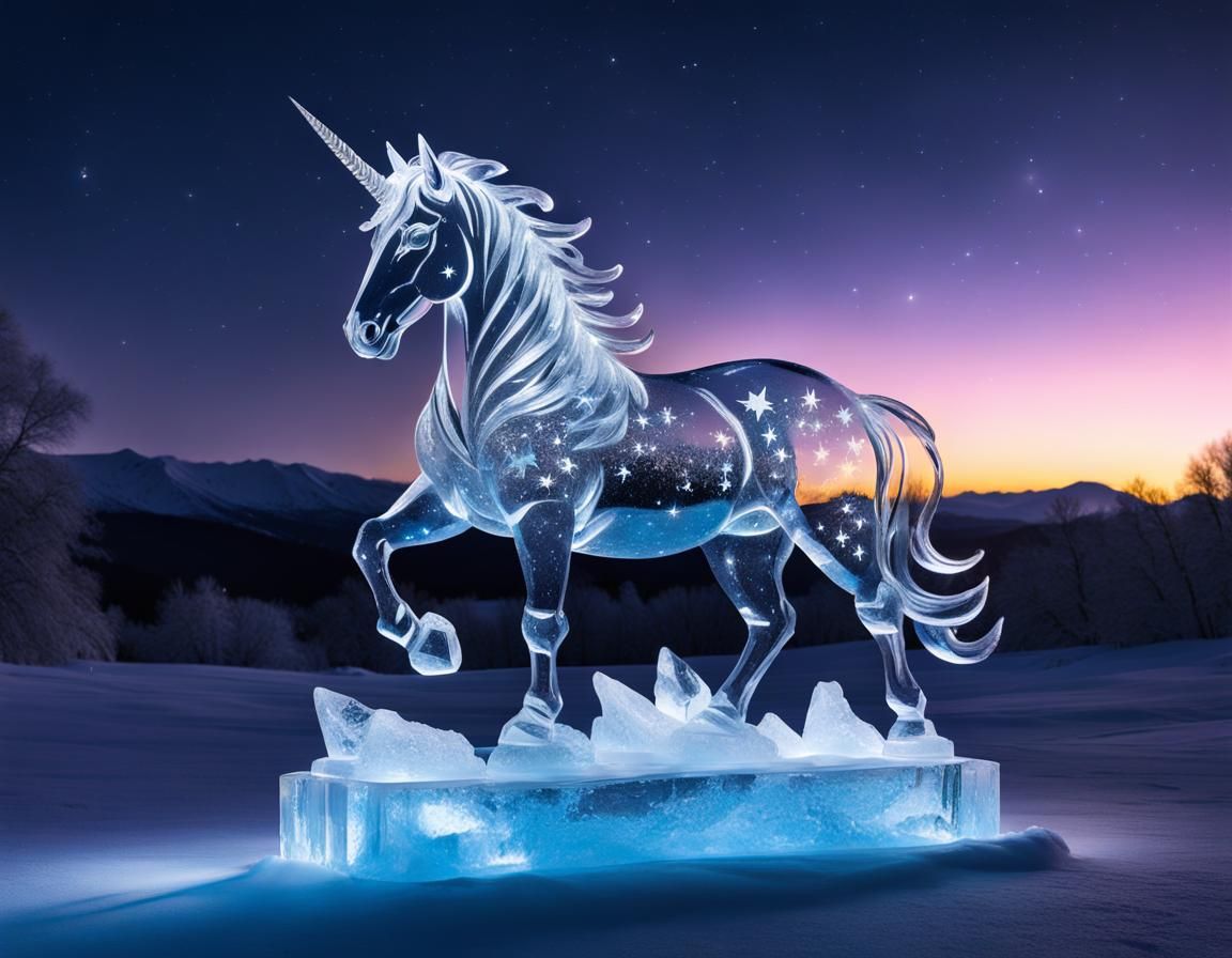 Glistening Ice Sculpture of a Proud Unicorn