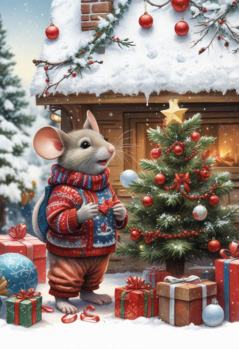 Whimsical Christmas Mouse in Festive Sweater