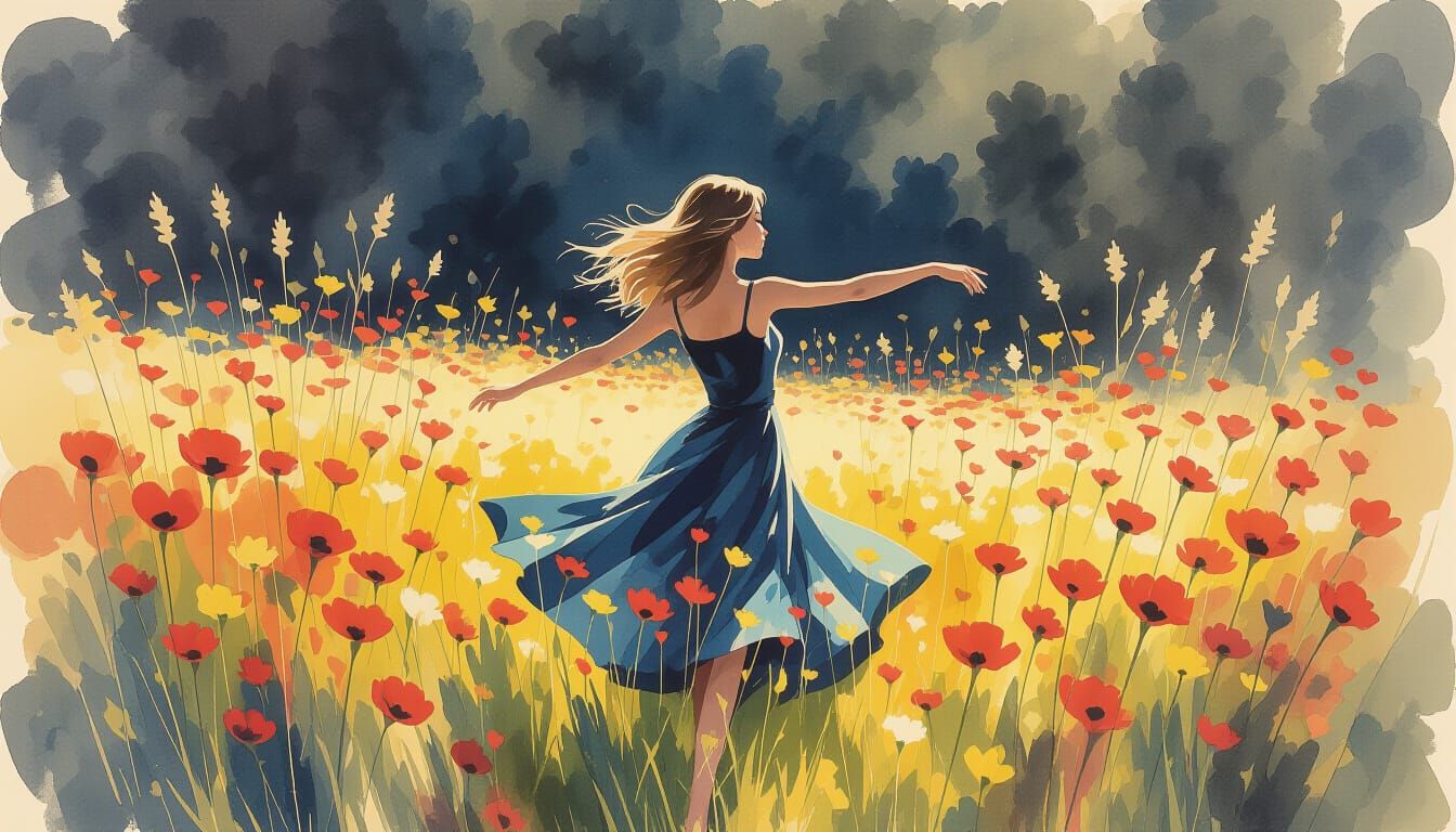 Woman Dancing in Wildflowers: Charcoal Sketch