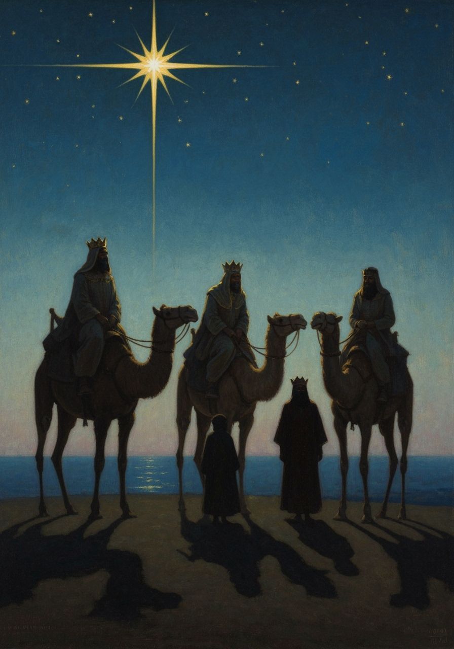 Three Wise Men Travel Beneath Christmas Star, Maxfield Parri...