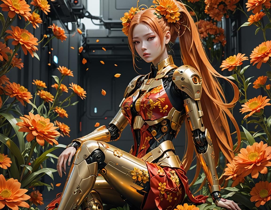 Futuristic Woman in Robotic Floral Outfit, 3D Anime Art