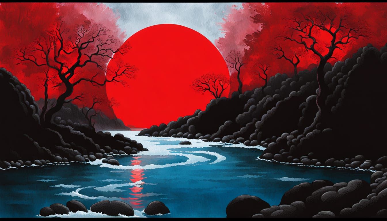 Giant Red Circle Over Winding River and Silhouetted Trees