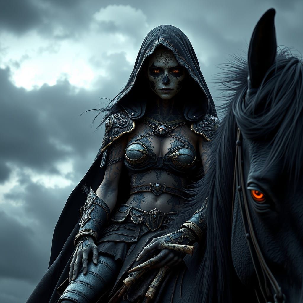Serene Warrior Rides Dark Horse into Stormy Skies