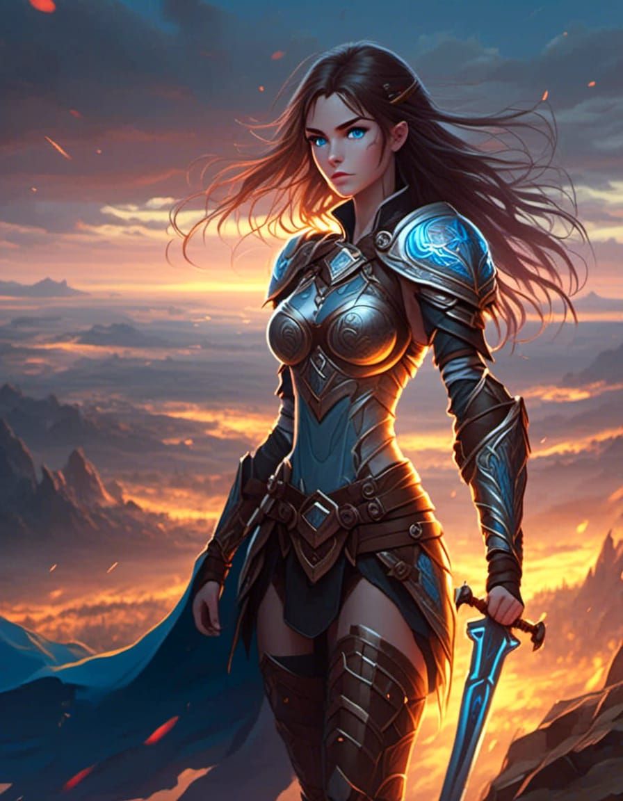 Aerial view of Female armored elvish warrior, brown hair, blue eyes, holding sword and shield on battlefield. blue, yell...