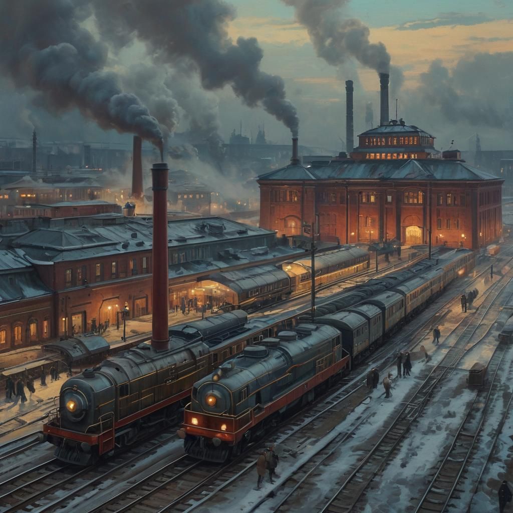 Soviet Wave Train Station with Steam Engines