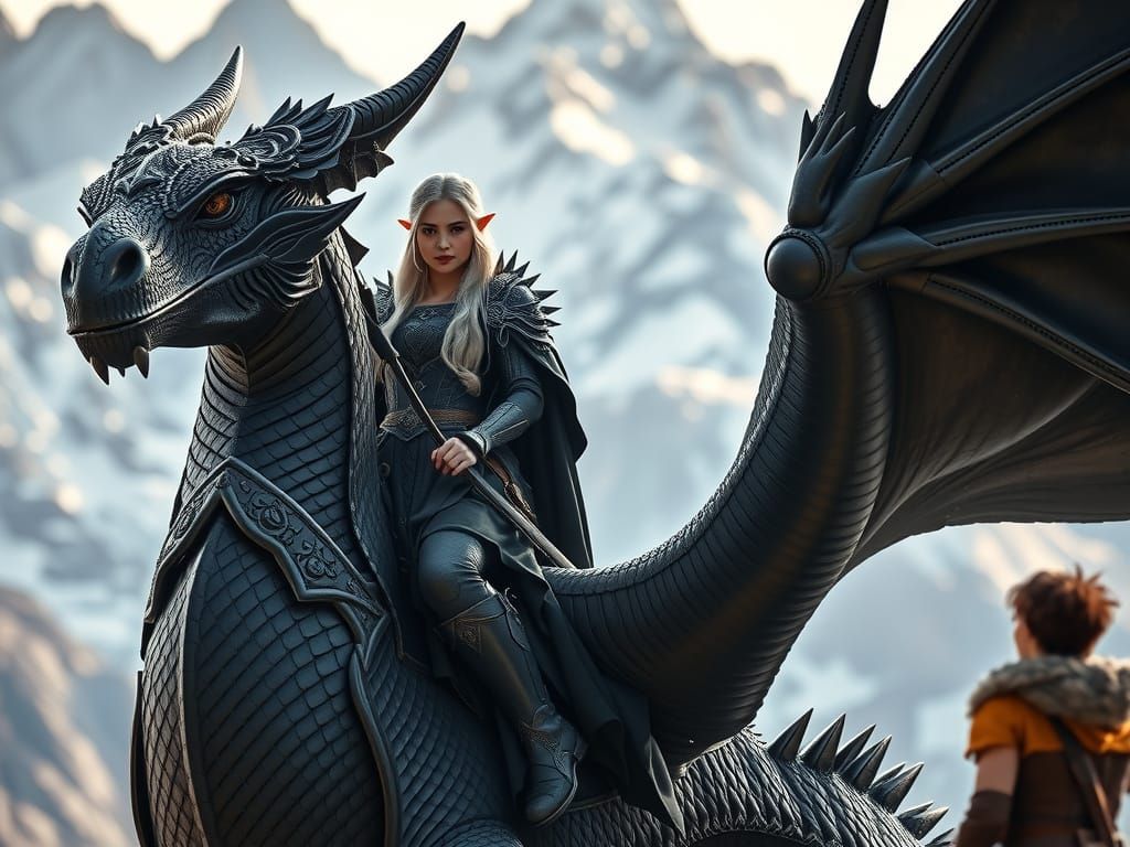 Elf Princess on Black Dragon Ready for Flight