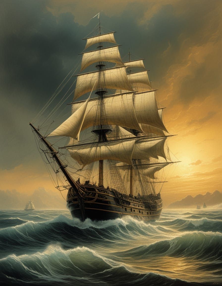 Majestic Victorian Sailing Ship in Turbulent Waves, in a Vin...