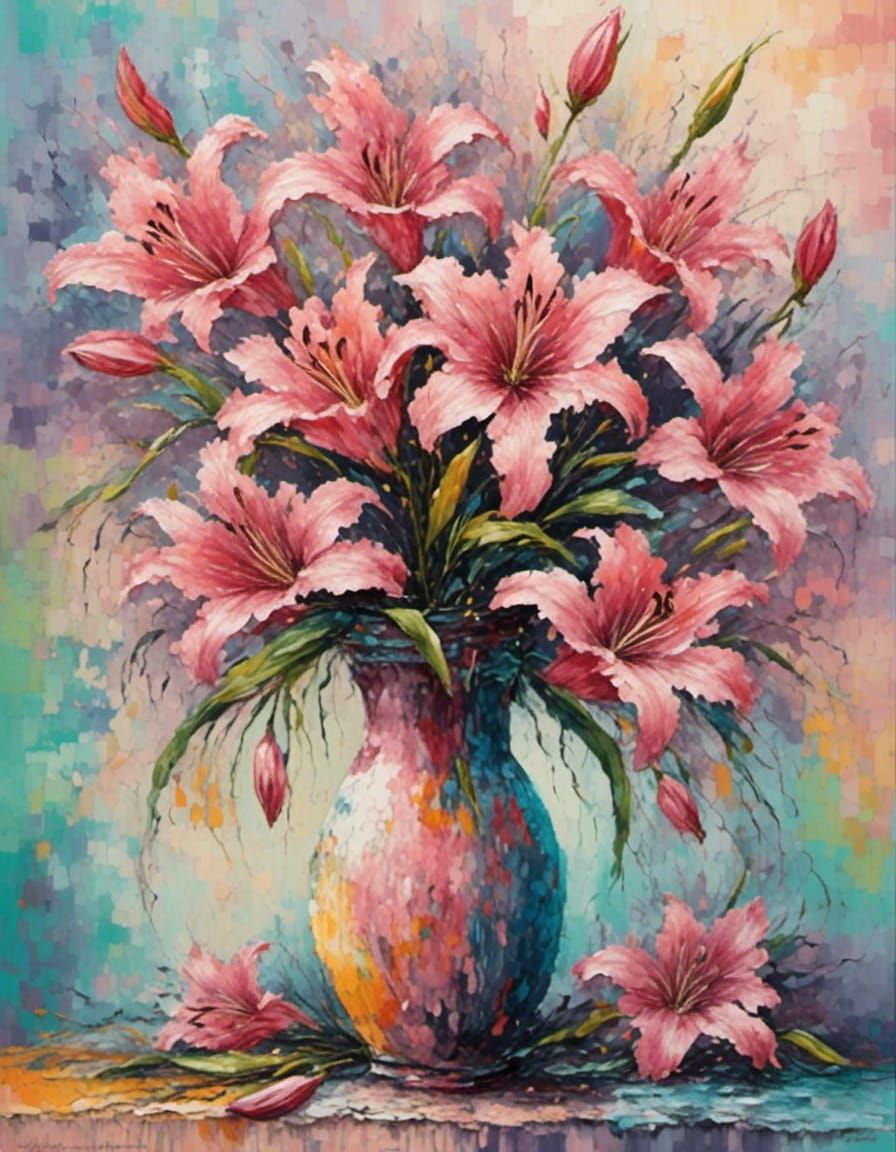 Pink Lilies in Vase as Impasto Painting