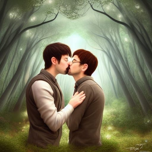 Romantic Kiss in Whimsical Forest, Digital Illustration