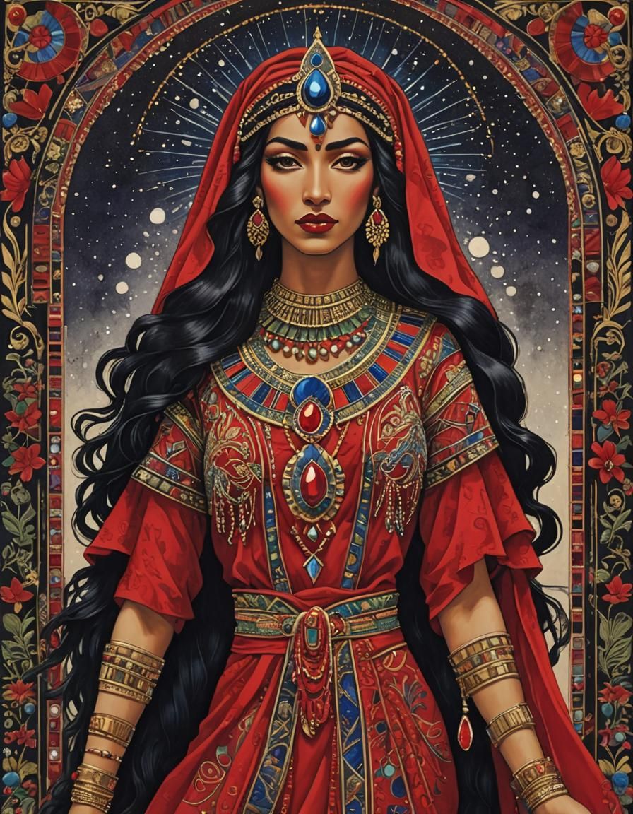 Polynesian Woman in Red Dress, Art Deco Style