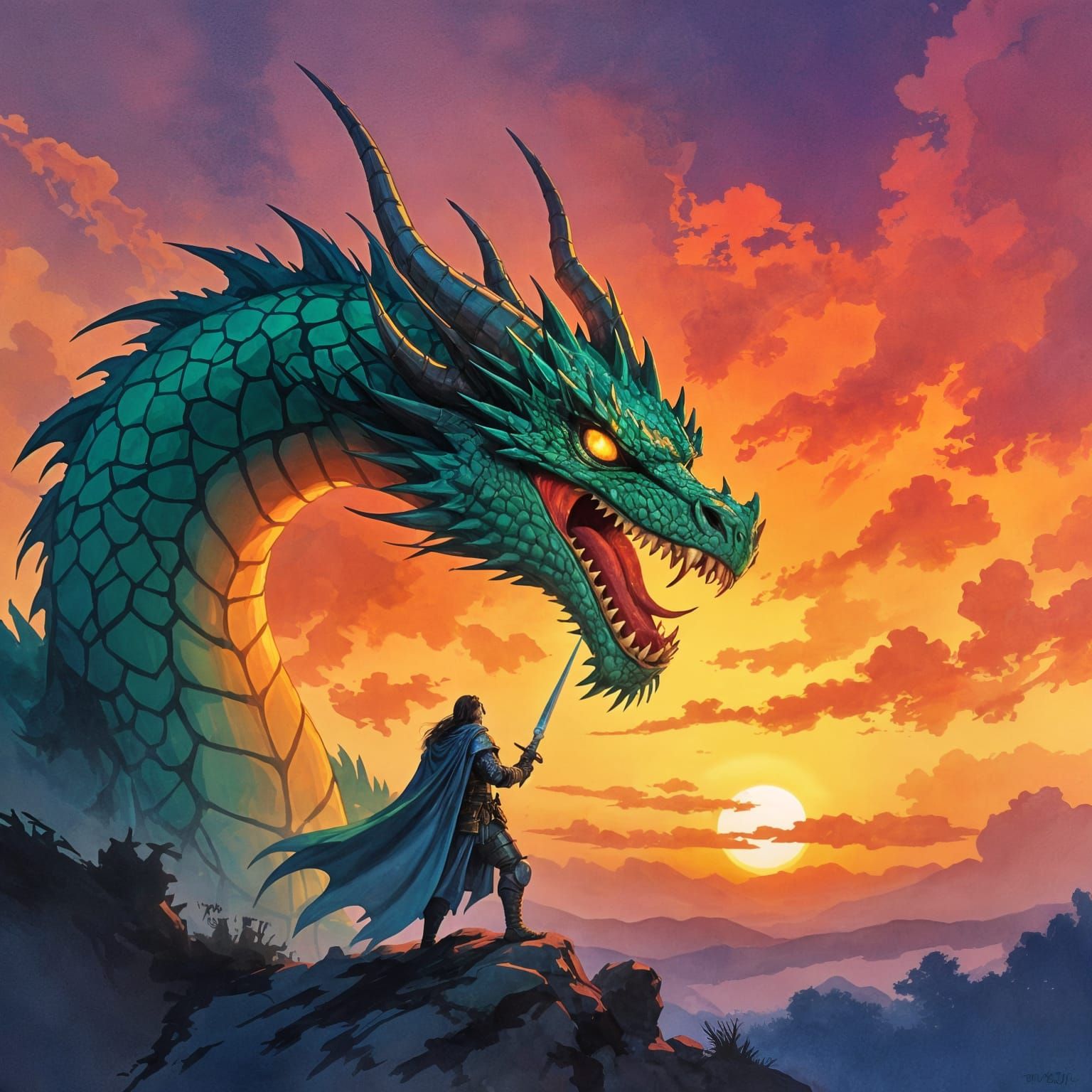 Knight in Dragon's Jaws at Fiery Sunset