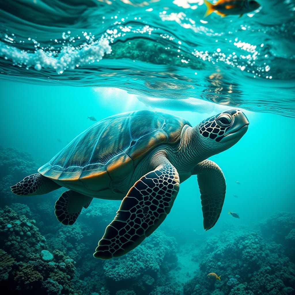 Turquoise Turtle Underwater Landscape in Dark Fantasy Style