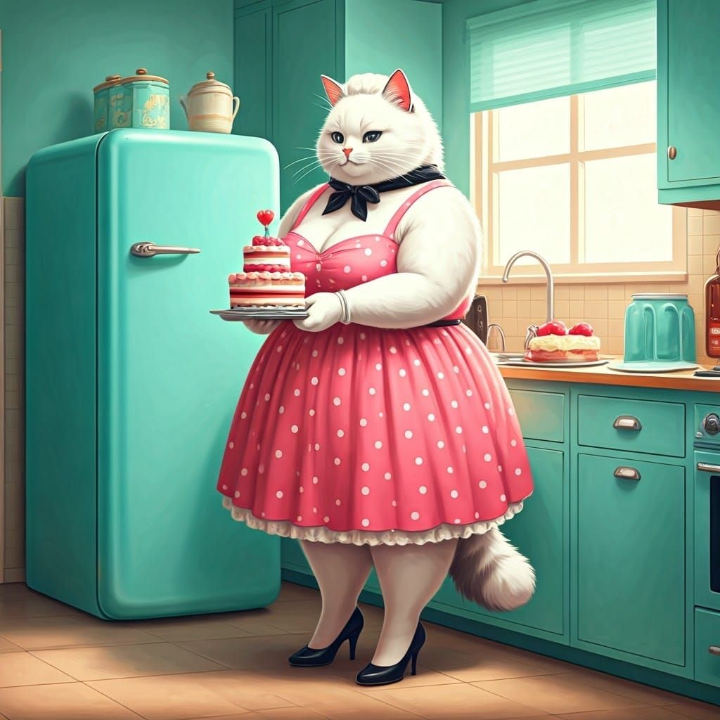 Chubby Cat Decorates Cake in Manga Style