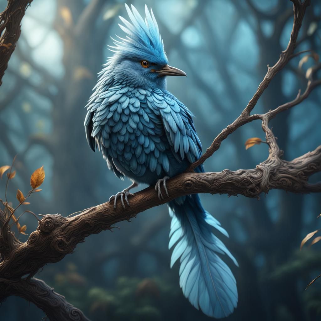 Blue Bird Perched on Branch: Detailed Matte Painting