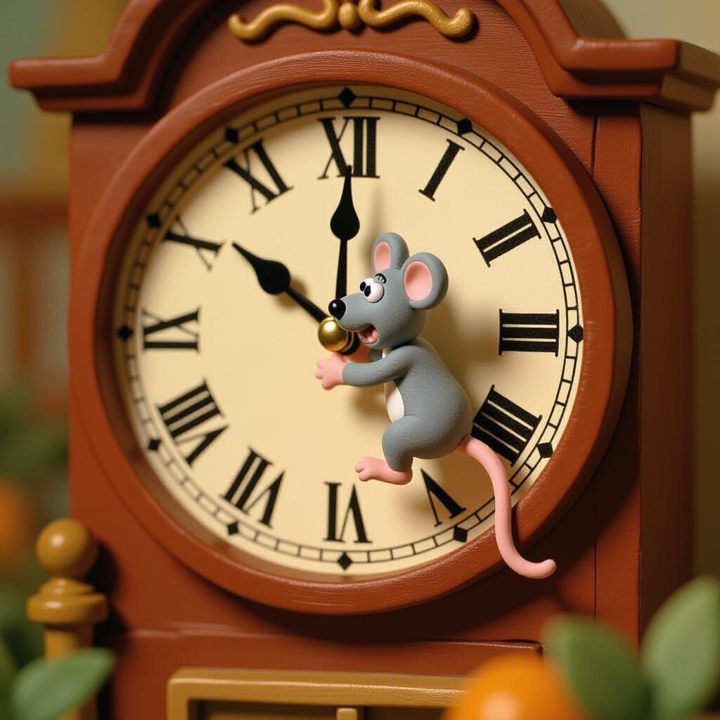 Claymation Mouse Climbs Grandfather Clock in Whimsical Villa...