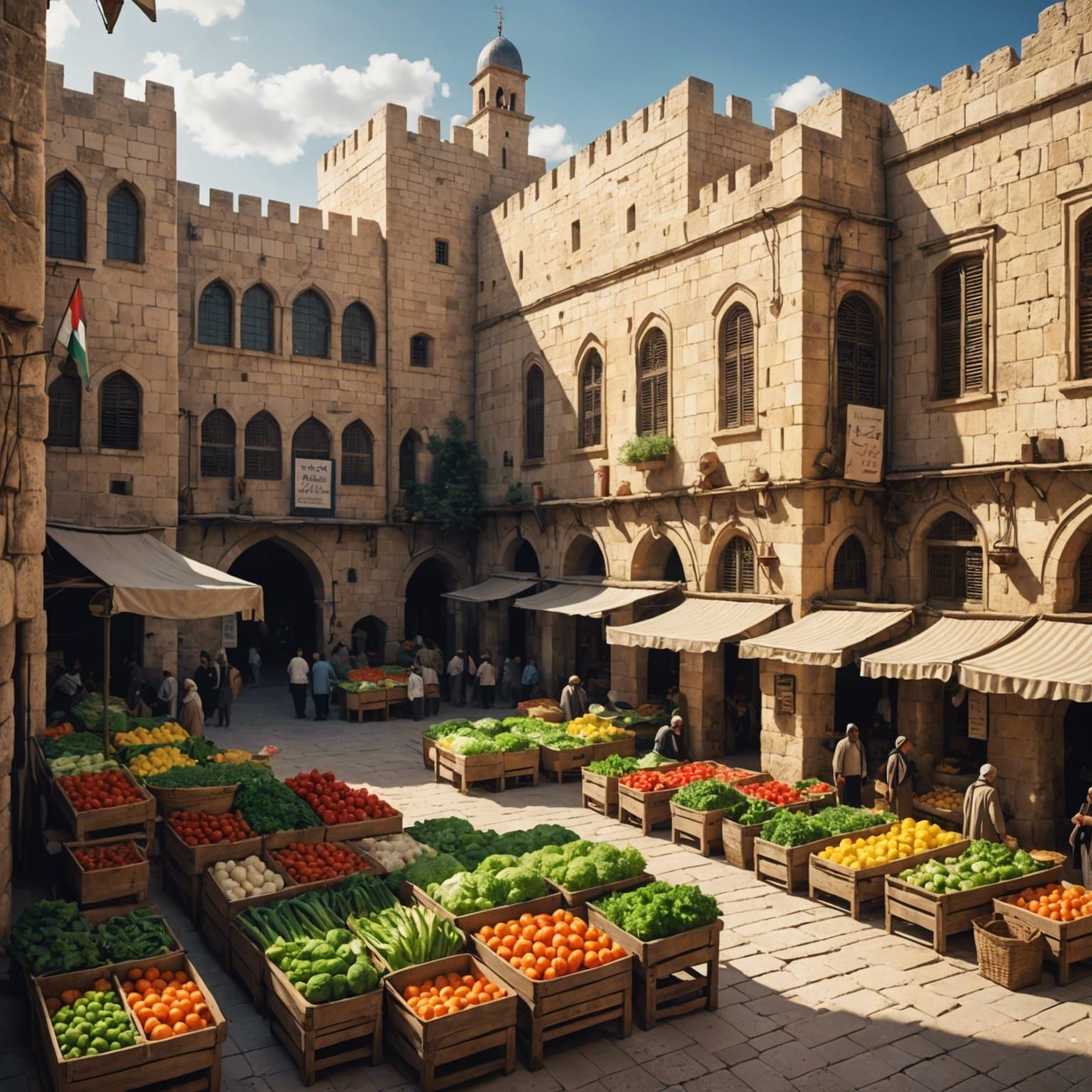 Jerusalem Vegetable Market with Palestinian Flag in Anime St...
