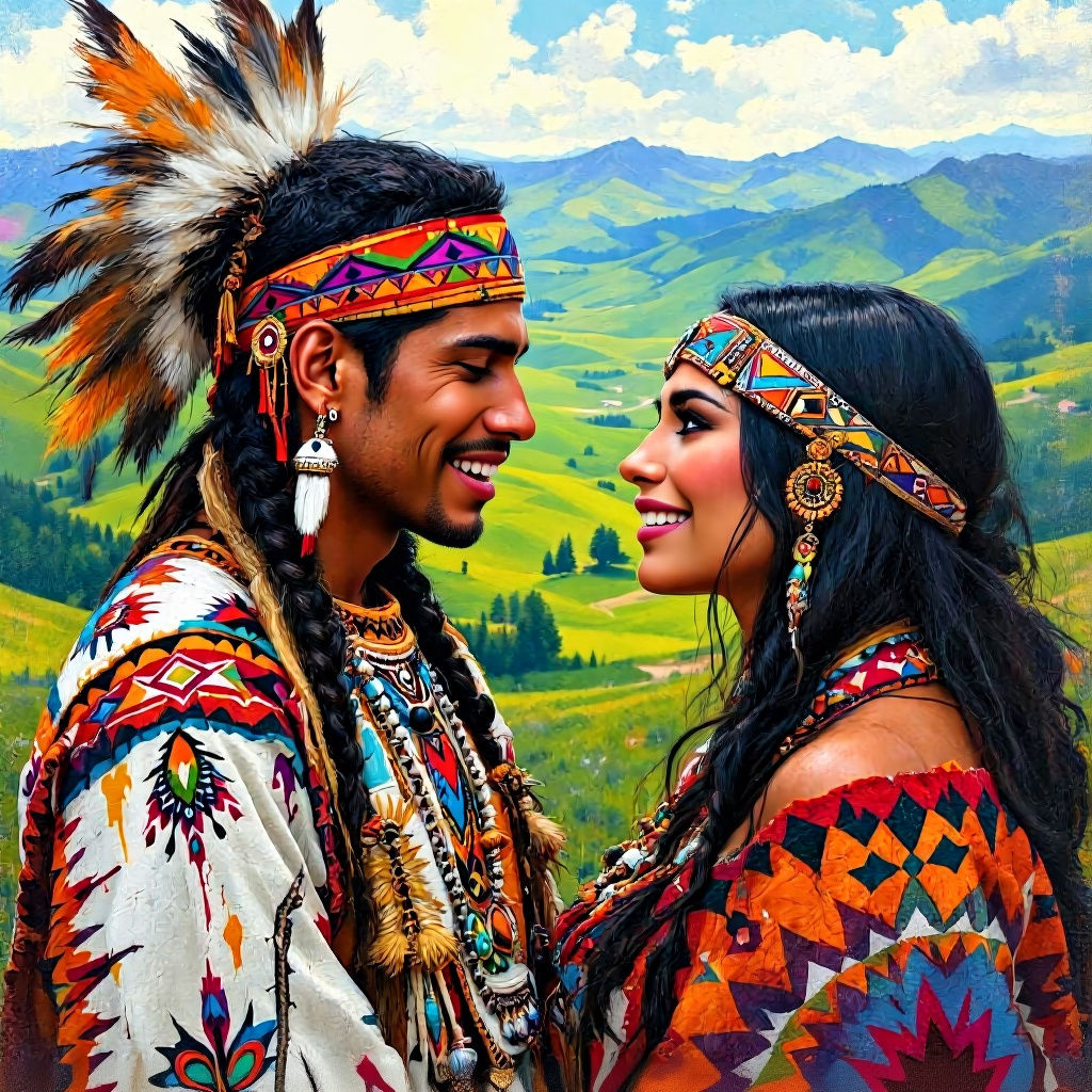 Native American Couple in Love, Street Art Style