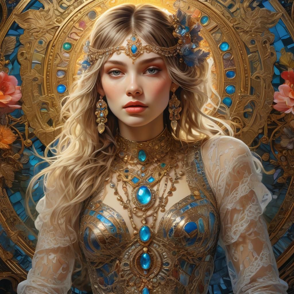 Luxury Woman in Vibrant Oil Painting with Intricate Lace and...