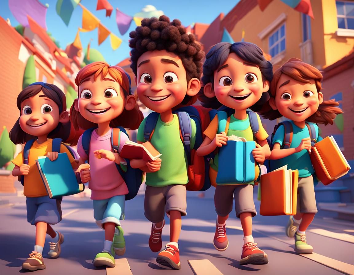 Cheerful Children Arriving at School in Cartoon Style
