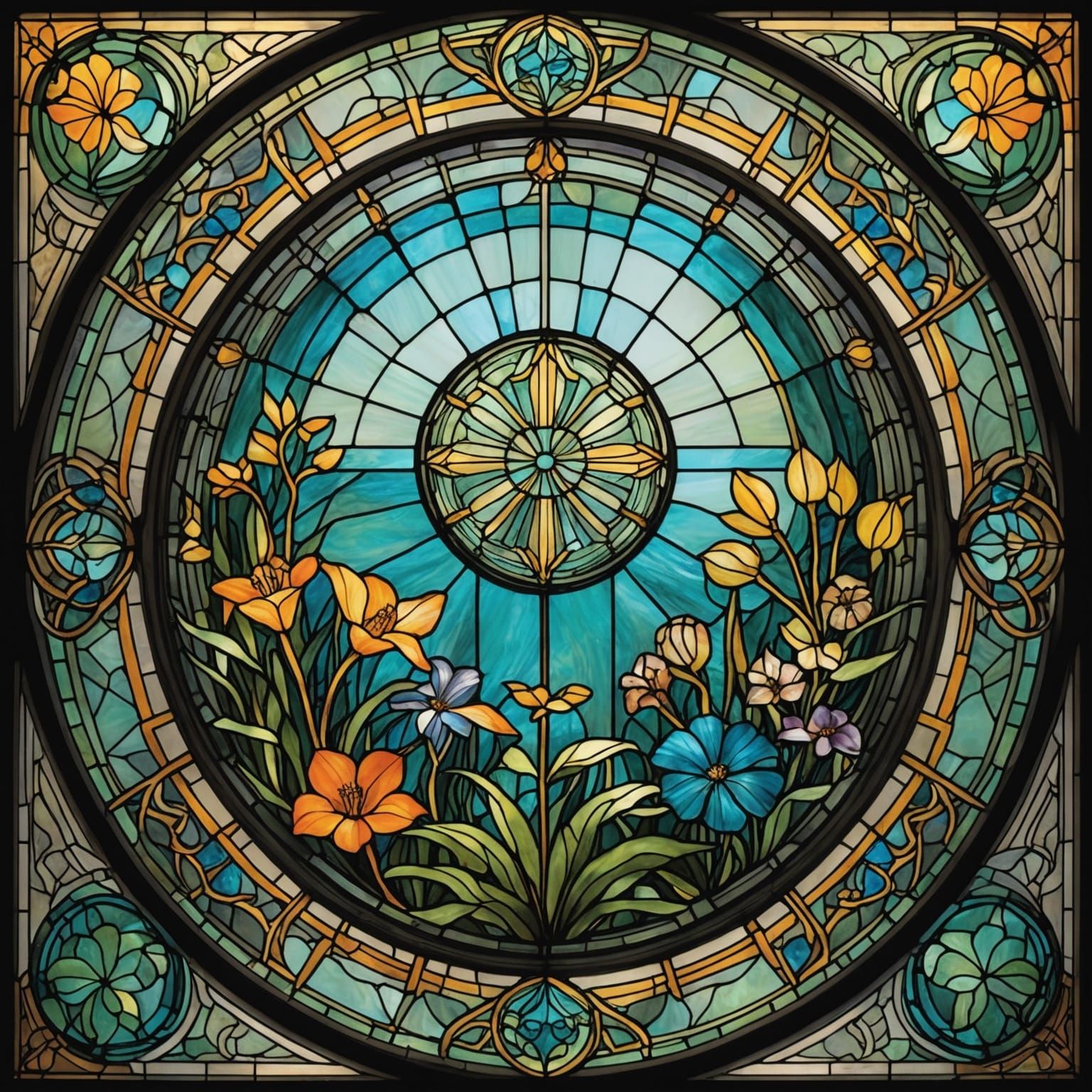 Art Deco Stained Glass Window with Woodland Nymphs
