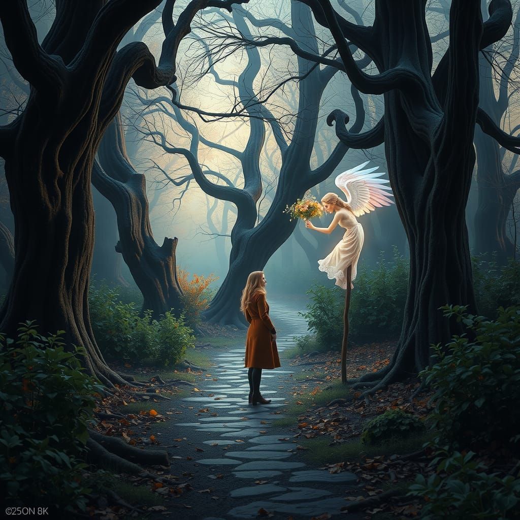Mystical Crossroads: Angel's Guidance in Twilight Hues