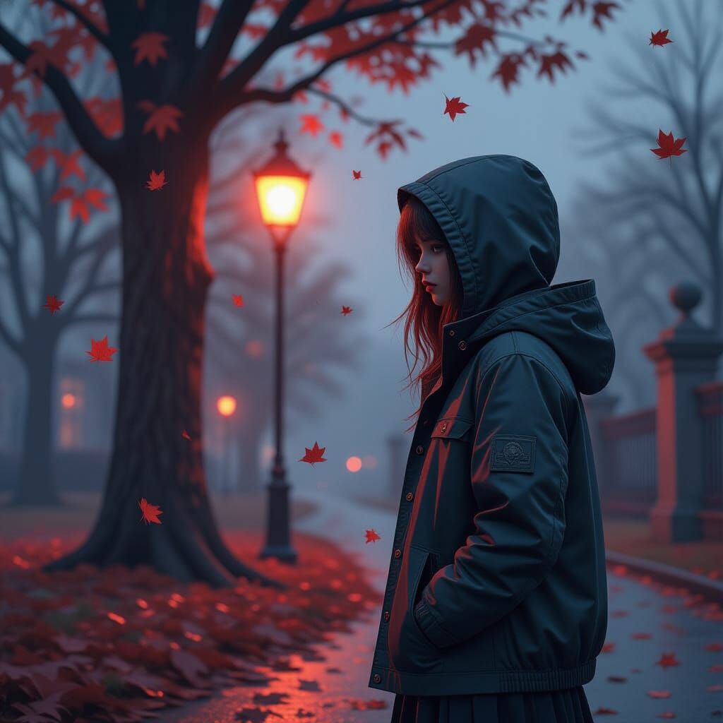 Hyperrealistic Girl by Lonely Tree in Red Glow