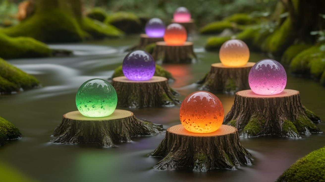 Glowing Resin Discs in Enchanted Forest Scene
