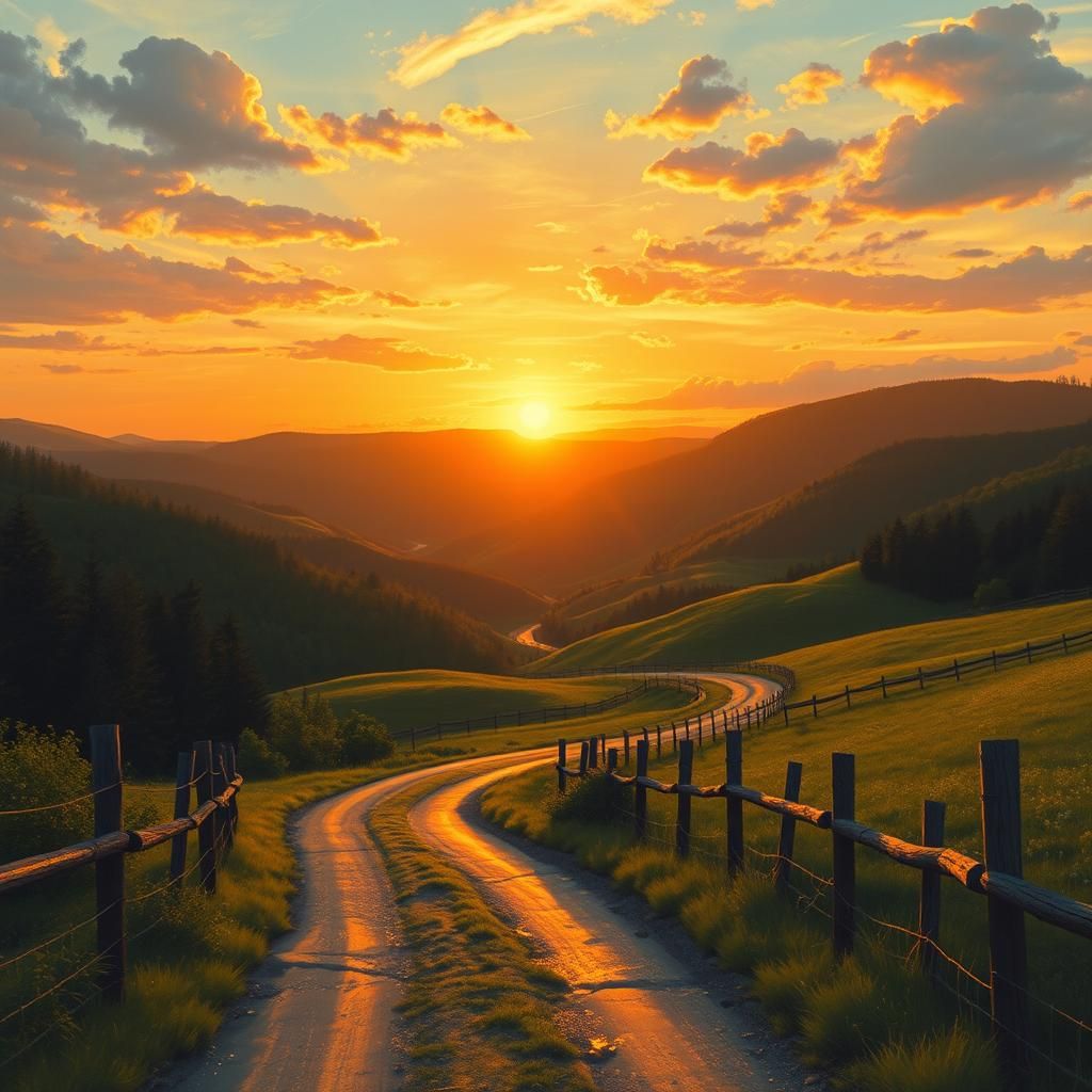 West Virginia Sunset Over Rolling Hills, Impressionist Style