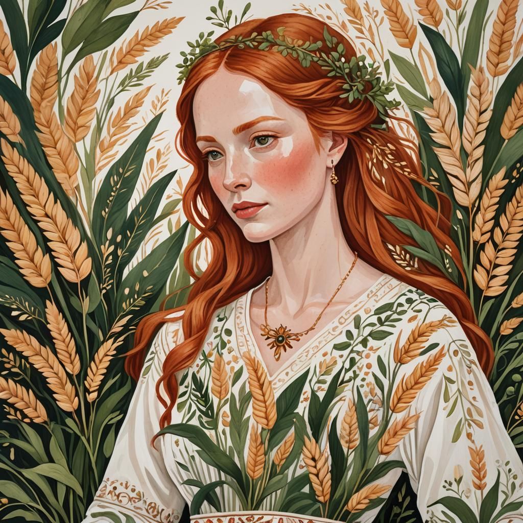 Redhead Virgo in Embroidered Gown, Folk Art Style