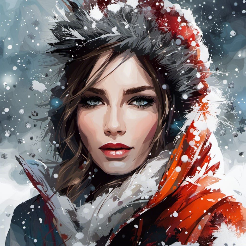 Joyful Beauty Amidst Snowflakes: Digital Mixed Media Portrai...