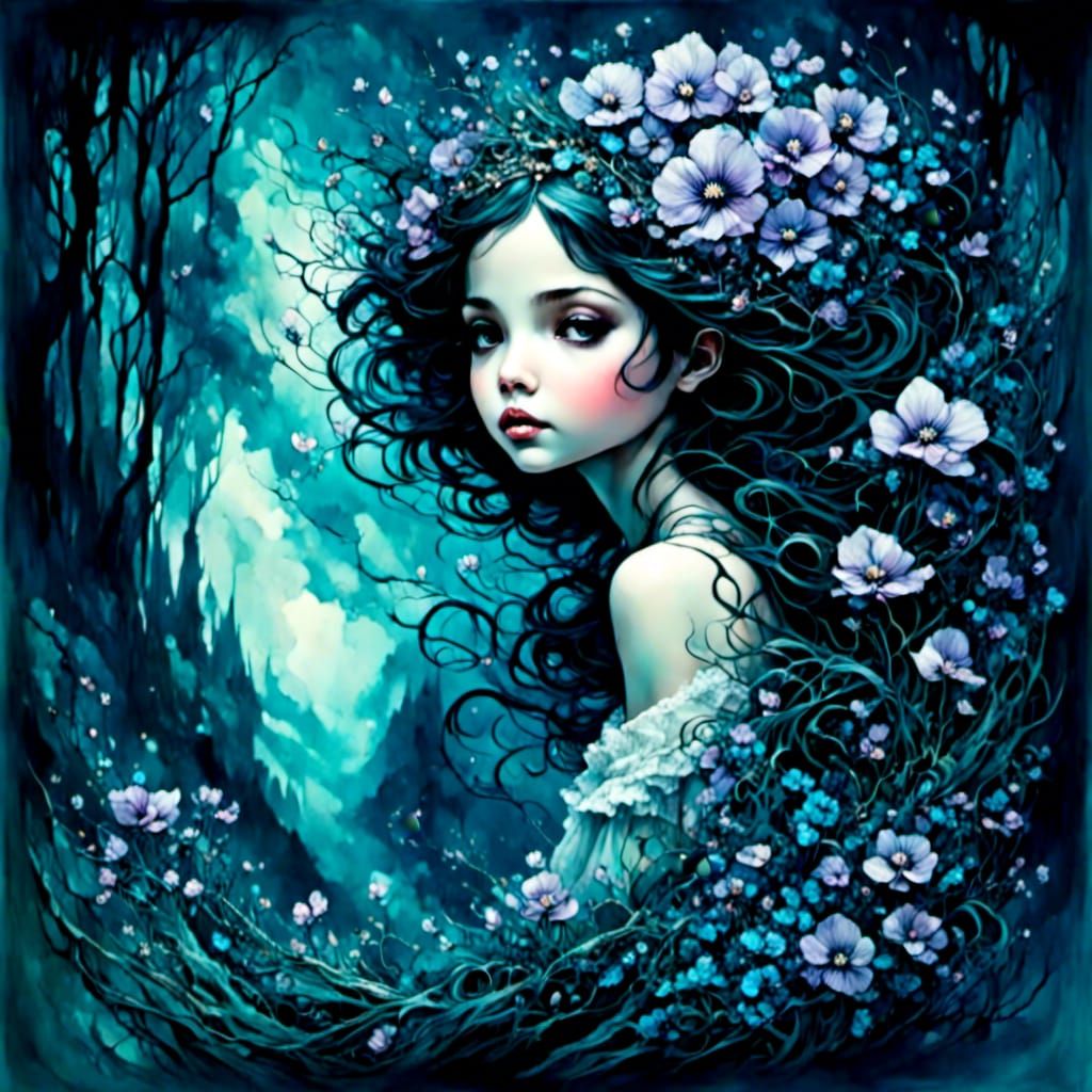Fairy Girl in Forest, Romantic Watercolor Art