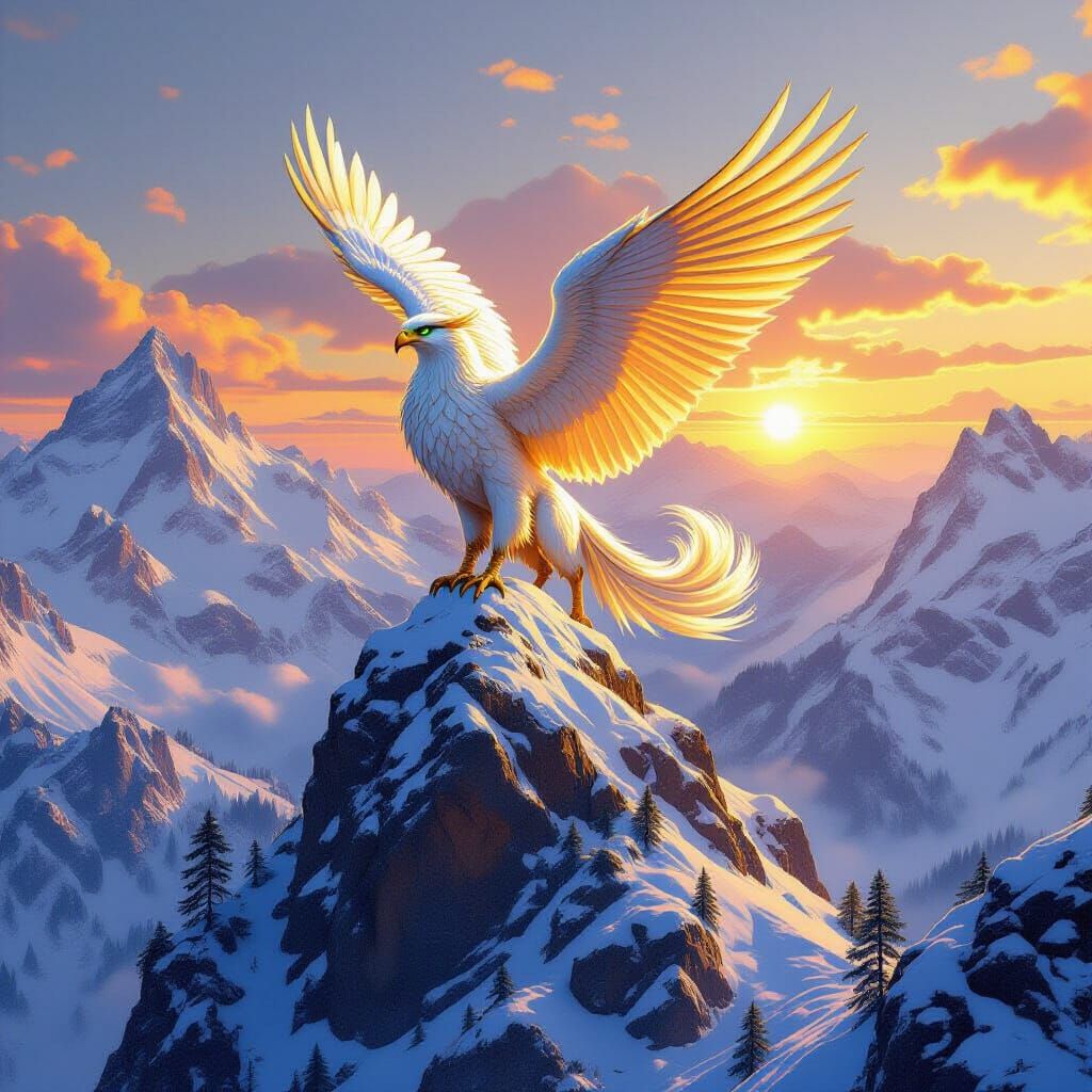 Golden Griffin on Mountain Peak at Sunrise