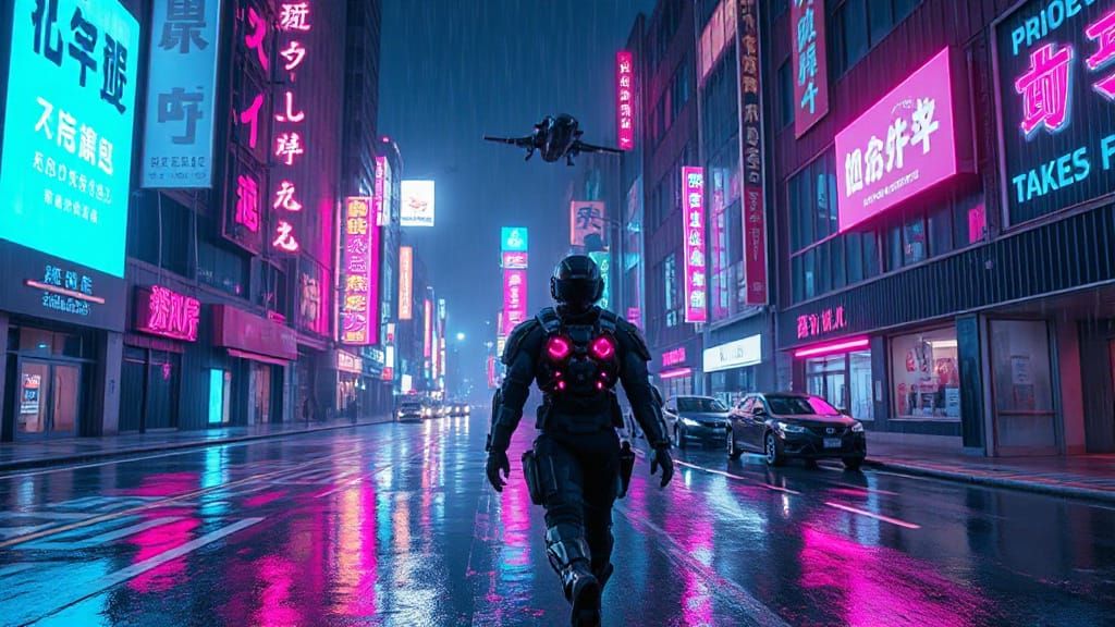Cyberpunk Cityscape at Night with Armored Soldier