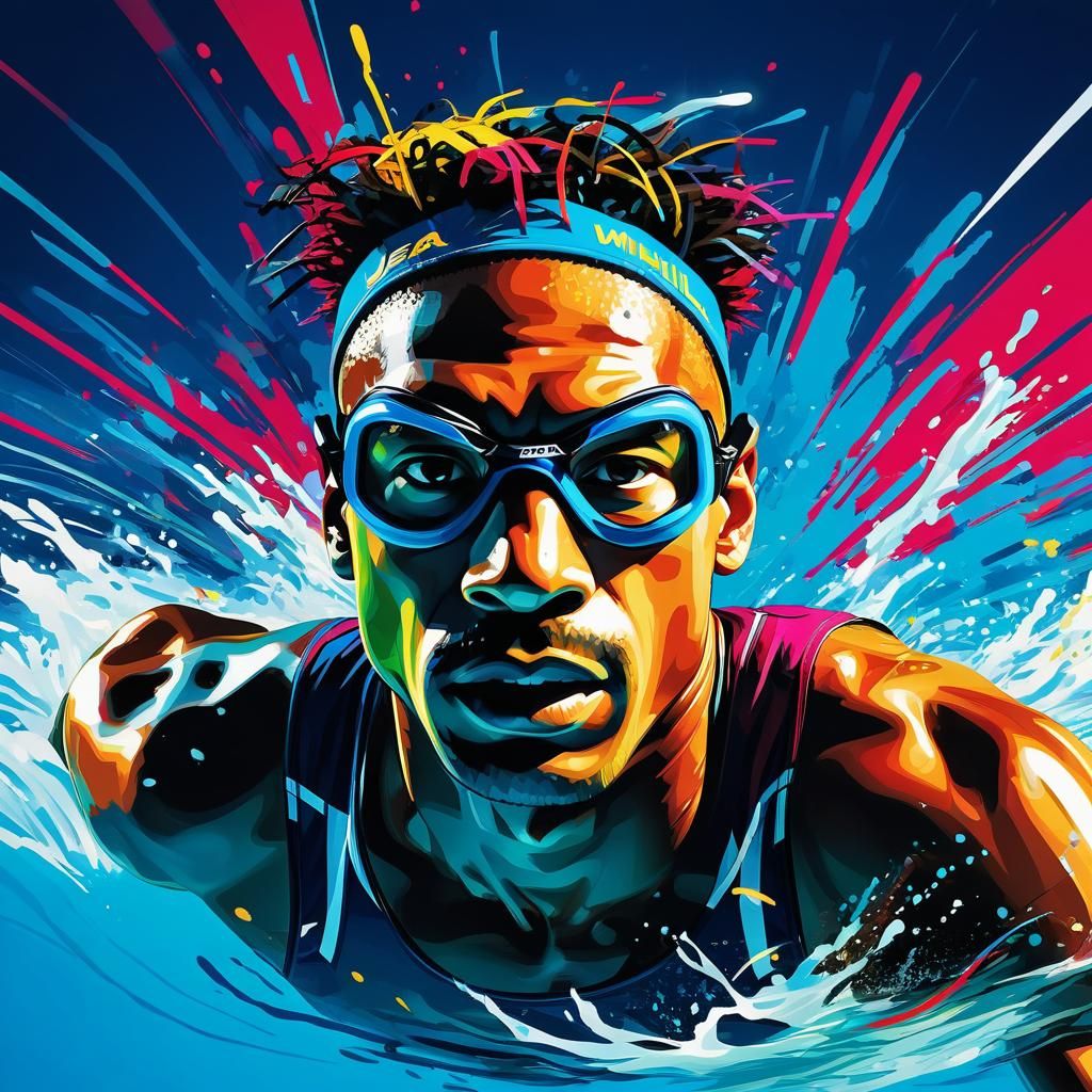 Para-Swimmer Mid-Stroke in Basquiat-Inspired Style