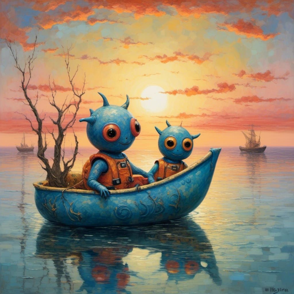 Cute Aliens in Lifeboat at Sunset, Photorealistic
