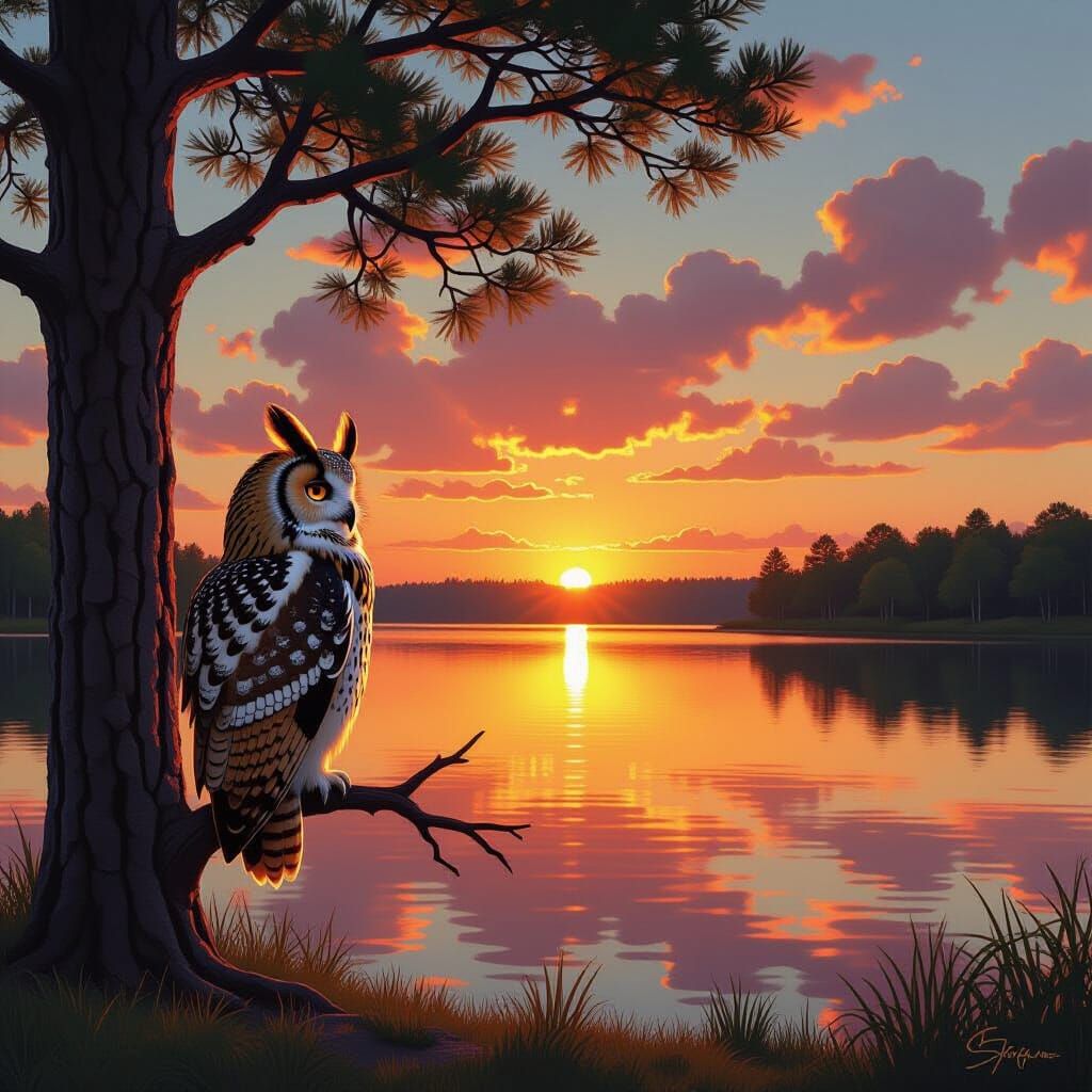 Owl Watching Sunset Over Lake, Hyperrealistic Wildlife Art