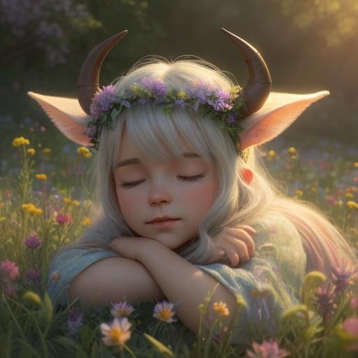 Tiefling Child Sleeping in Flower Field