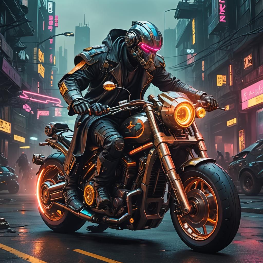 A wizard riding a futuristic motorcycle. steampunk engine cyberpunk 2099 blade runner 2049 neon