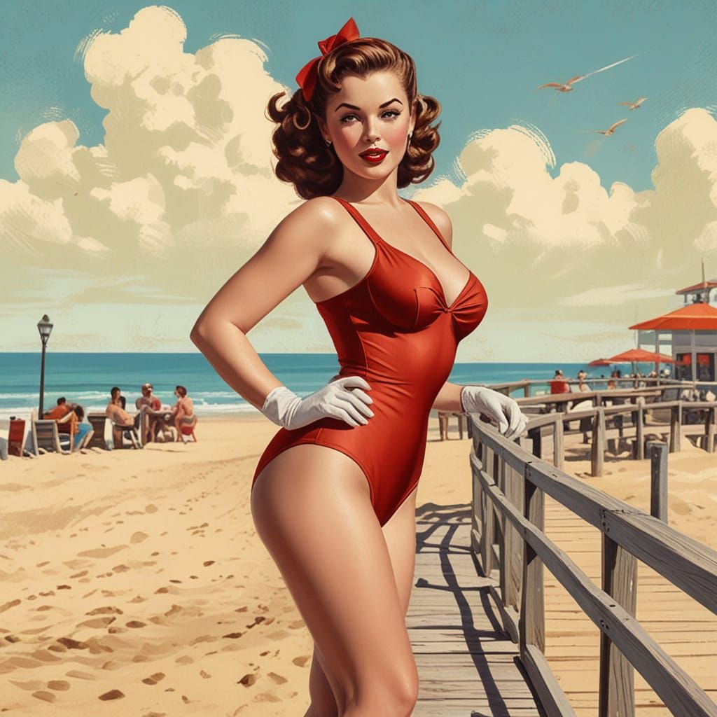 Glamorous Pin-Up Goddess in Vintage Red Swimsuit