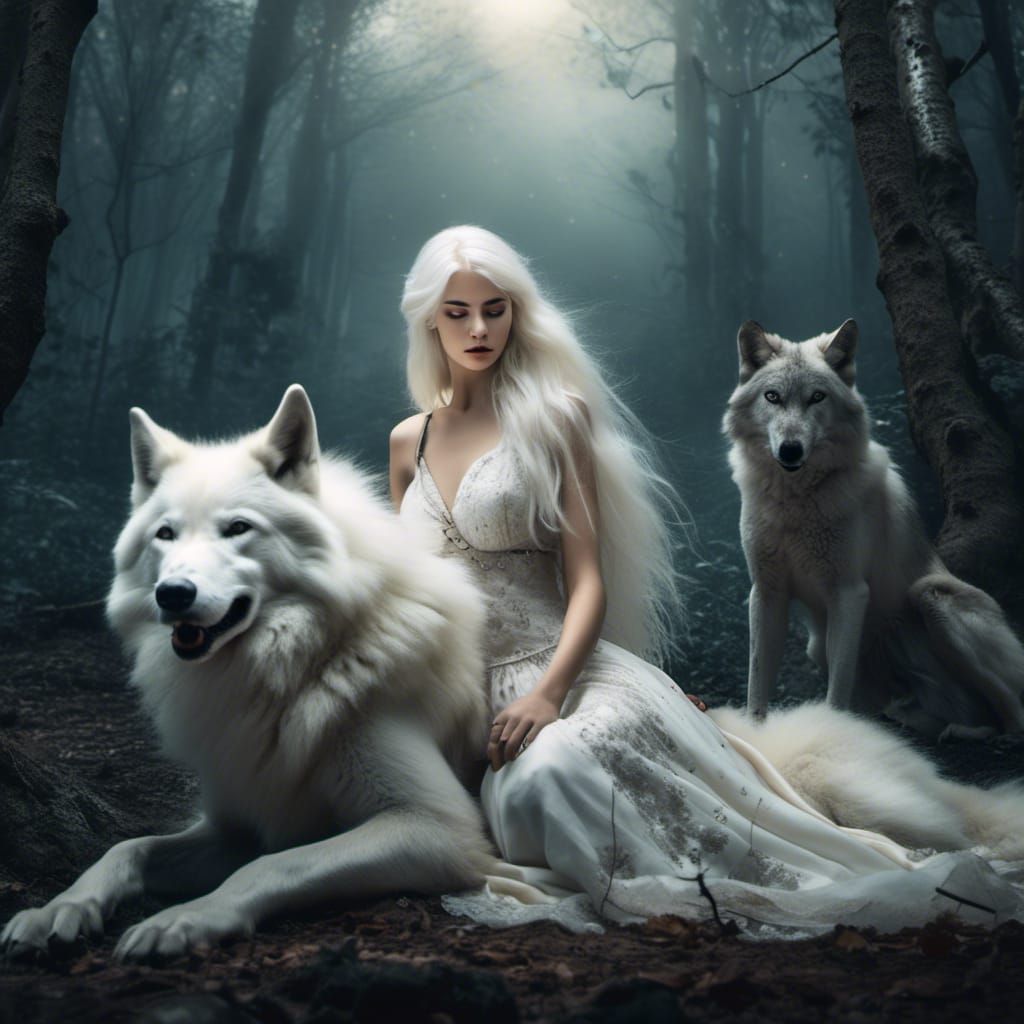 White-Haired Woman and Wolf in Moonlit Forest