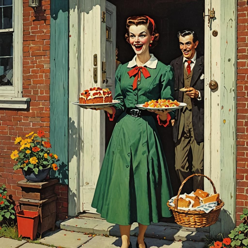 Cheerful Vampire Housewife Brings Casserole, 50s Illustratio...