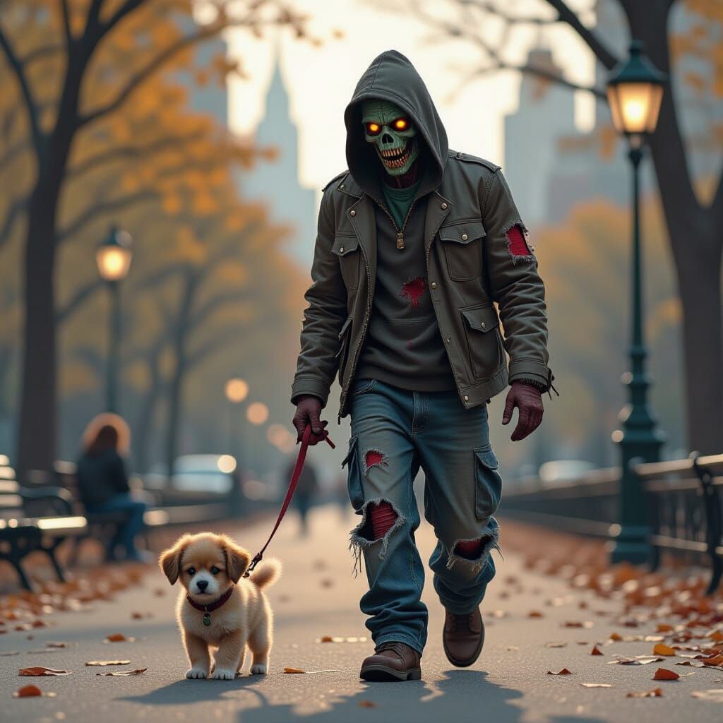 Zombie Walks Puppy in Central Park: Hyperrealistic Splash Ar...