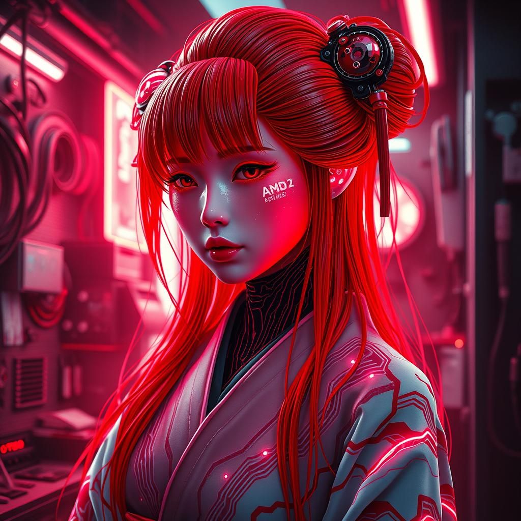 Red Neon Geisha Android in Futuristic Repairshop