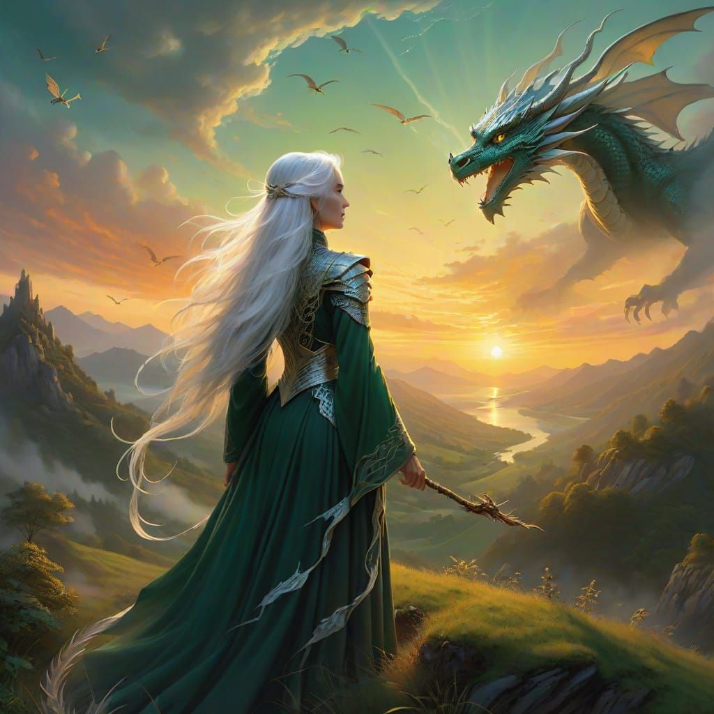 Ethereal Fantasy Scene with Dragon and Sunset